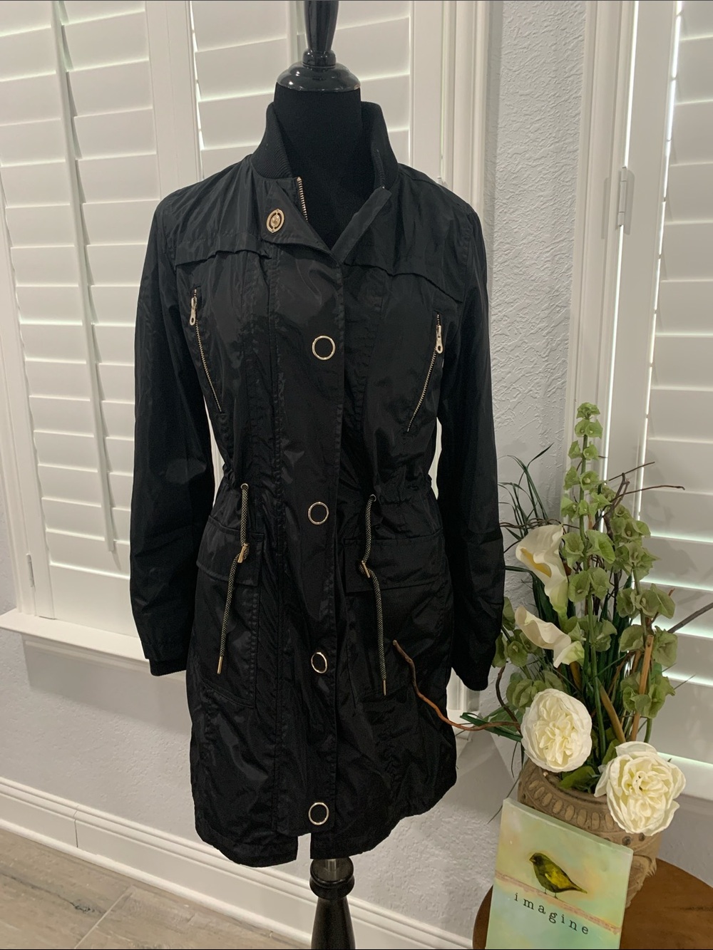 Anna Cai New York Black Drawstring Trench Coat with Gold Accents